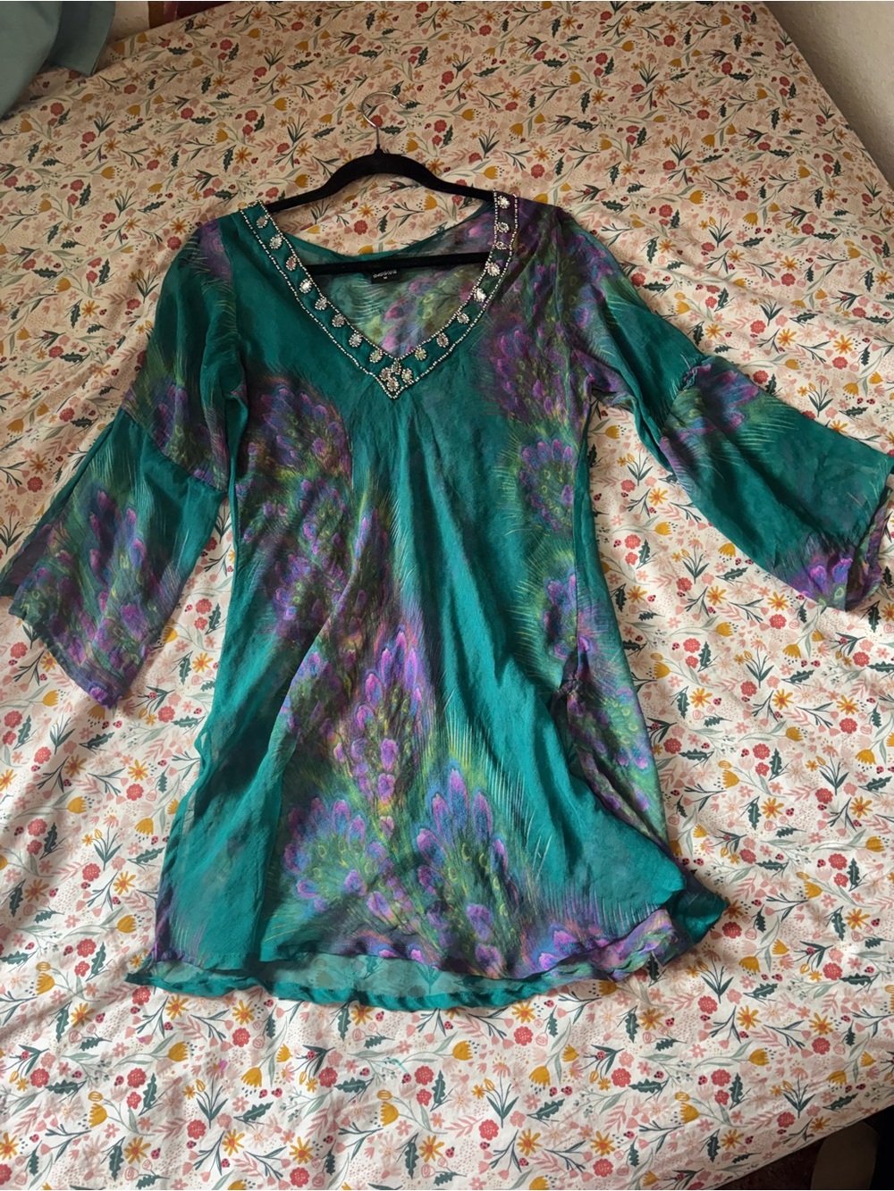 Embellished V-Neck Tunic Top - Teal & Purple